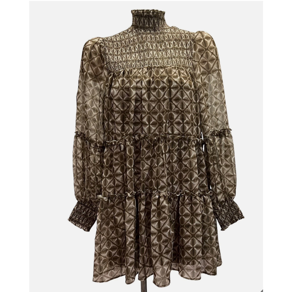 Olivaceous Green Printed Smocked Dress. Size M Above The Knee.